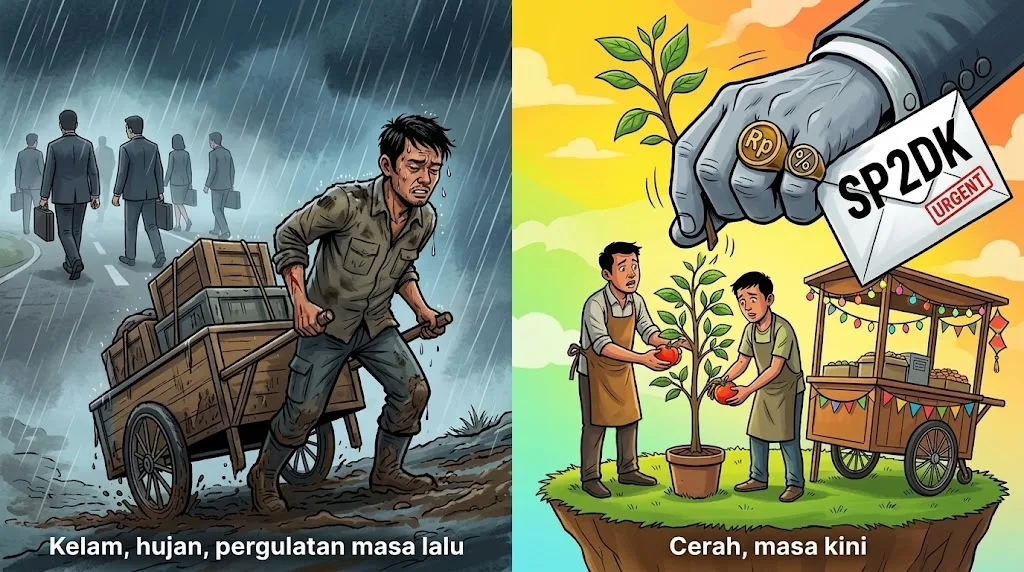Ilustrasi: Ironi ekstraksi fiskal—absen saat rakyat berdarah-darah merintis usaha dari nol, namun sigap melayangkan surat tagihan SP2DK seketika usaha mulai berbuah.