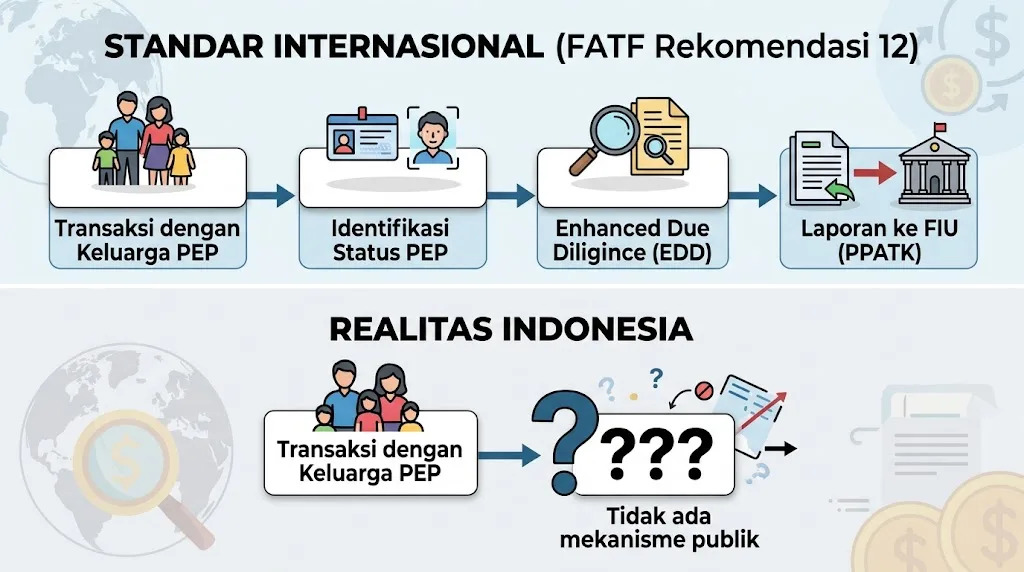 Diagram alur pengawasan Politically Exposed Persons (PEP) standar FATF Rekomendasi 12 versus realitas regulasi Indonesia